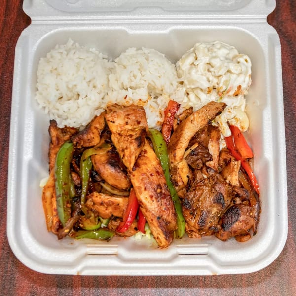 F's Hawaiian Food's chicken plate with rice, macaroni salad, and grilled chicken with peppers.